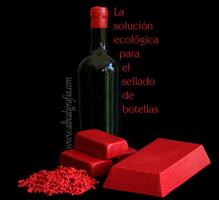 Bottle with red sealing wax seal on top and text about solutios for green sealing of bottles