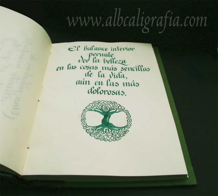 Calligraphic text on inner balance. Drawing Celtic world tree