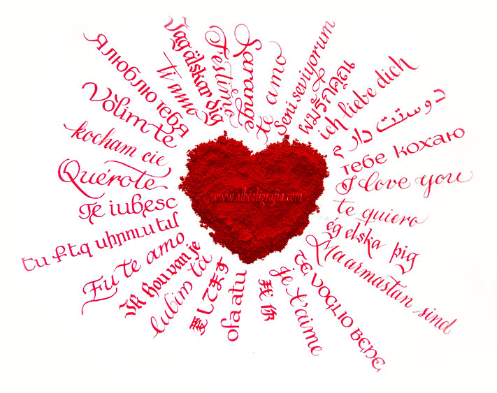Dust red heart with text  I love you in multiple languages