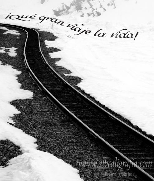 Railroad tracks in the snow with calligraphic text  What a great trip is life