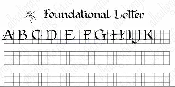Template to practice capital letters of foundational calligraphy from A to K