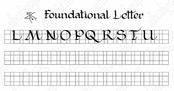 Template to practice capital letters of foundational calligraphy from L to U