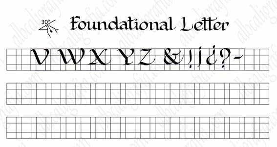 Template to practice capital letters of foundational calligraphy from V to Z