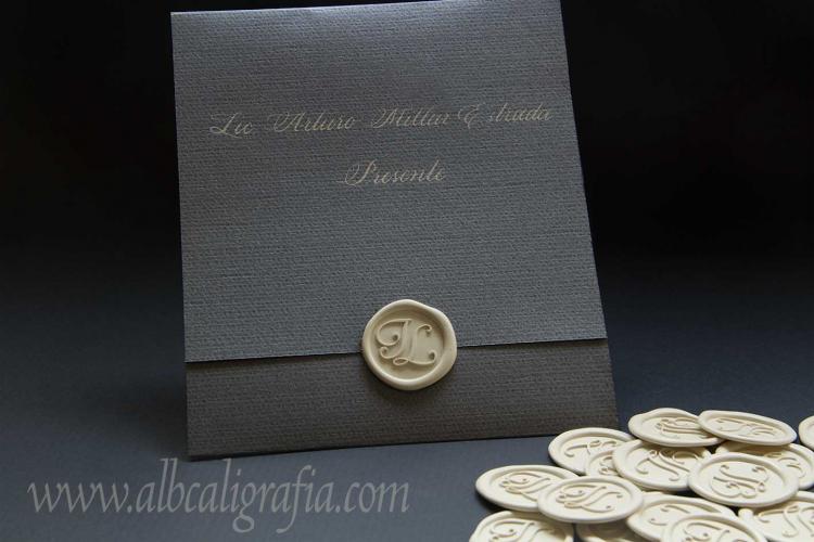 Silver wedding invitation and ivory wax seal sticker  