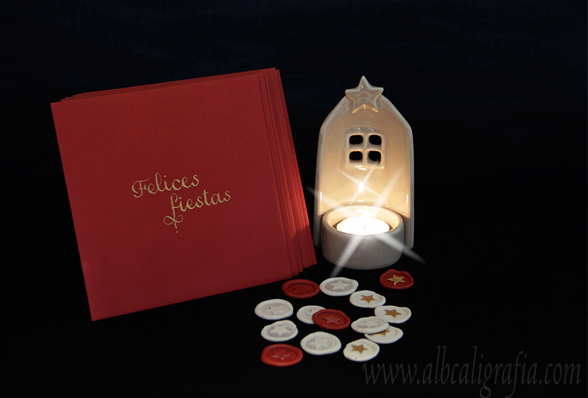 Christmas card, candle and sealing wax medallions