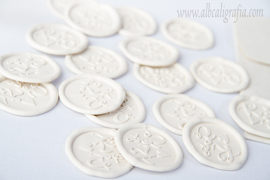 Ivory wax stickers with KE initials and heart 