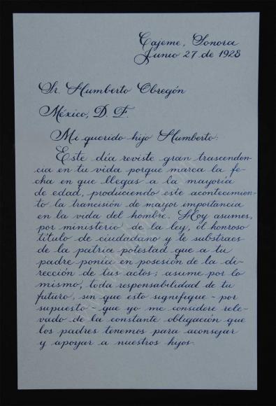 Transcript of the first part of the letter from General Alvaro Obregon to his son Humberto
