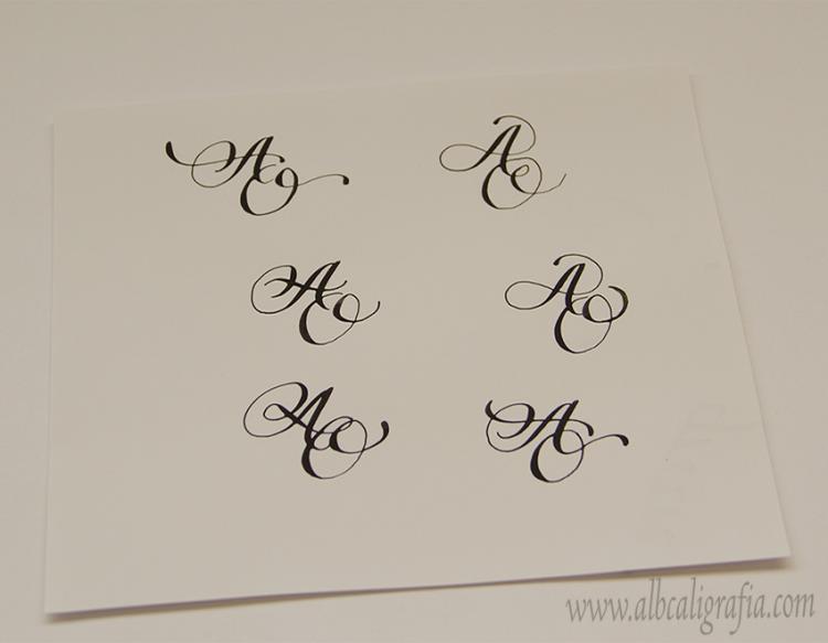 Sheet of paper with several samples of handwriting monogram AO