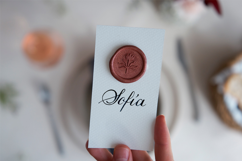 Cinnamon flower medallion in a white card with the name Sofía written in calligraphy