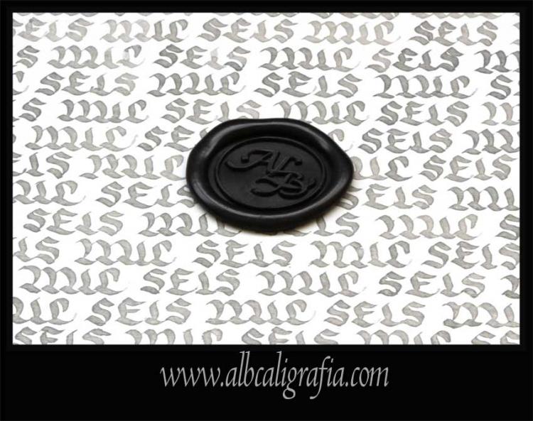 Calligraphic text in which the words six thousand  are repeated and on top o it is a  sealing wax black medallion with the initials ALB