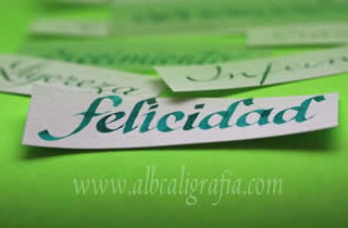 Word happiness written in calligraphy on a green background