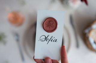 Cinnamon flower medallion in a white card with the name Sofía written in calligraphy
