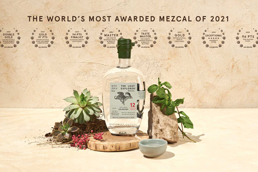 The Lost Explorer Mezcal bottle with green sealing wax in the neck of the bottle